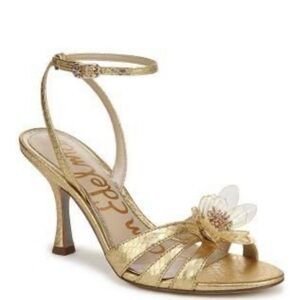 Elegant Gold Floral Heels with Ankle Strap
